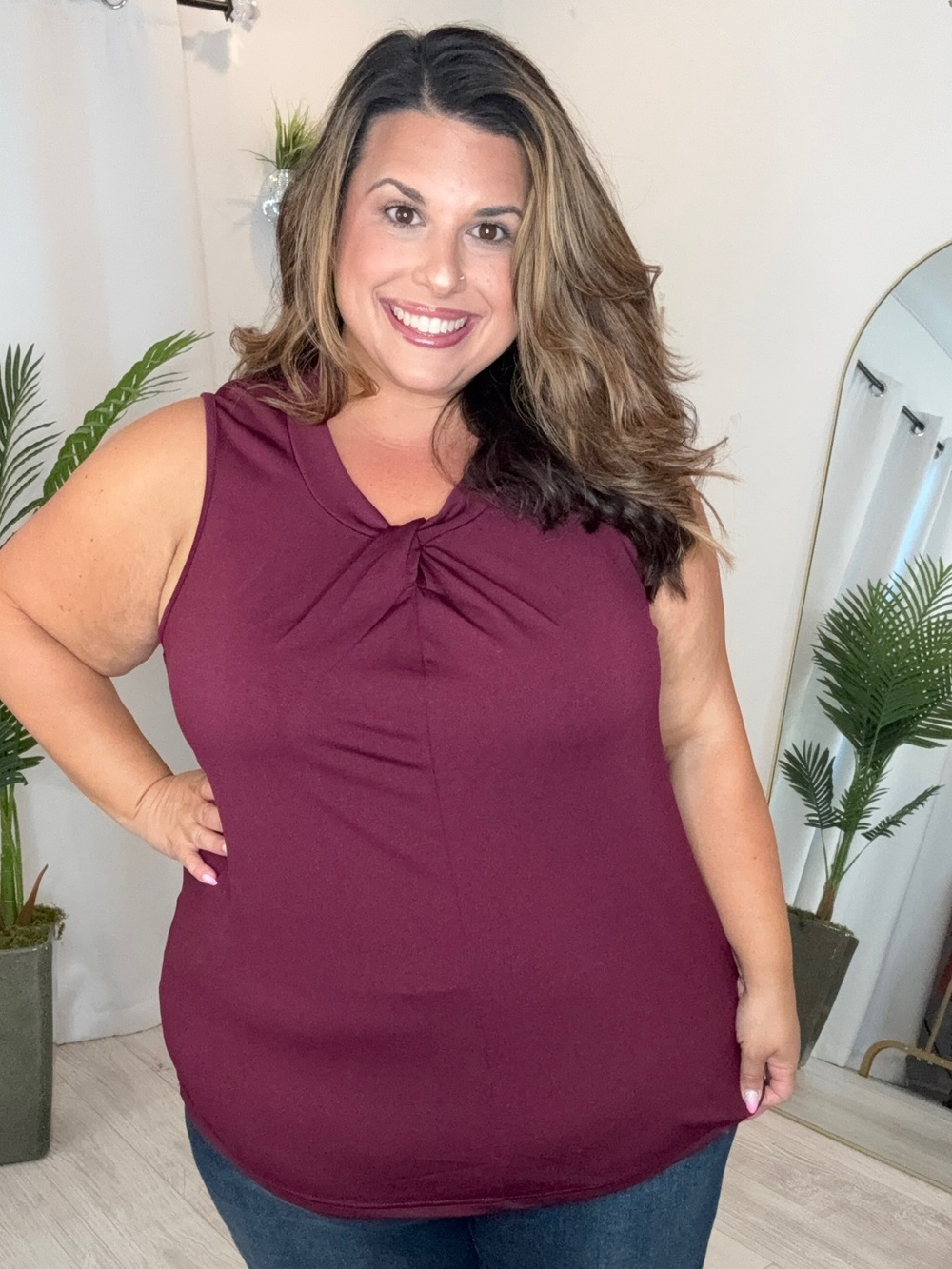 Plus Sleeveless Twist-Front Top in Burgundy